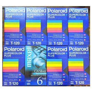 VHS Video Cassette 7 Blank Tapes Polaroid Supercolor + 1 Maxell T-120 6 Hr NEW